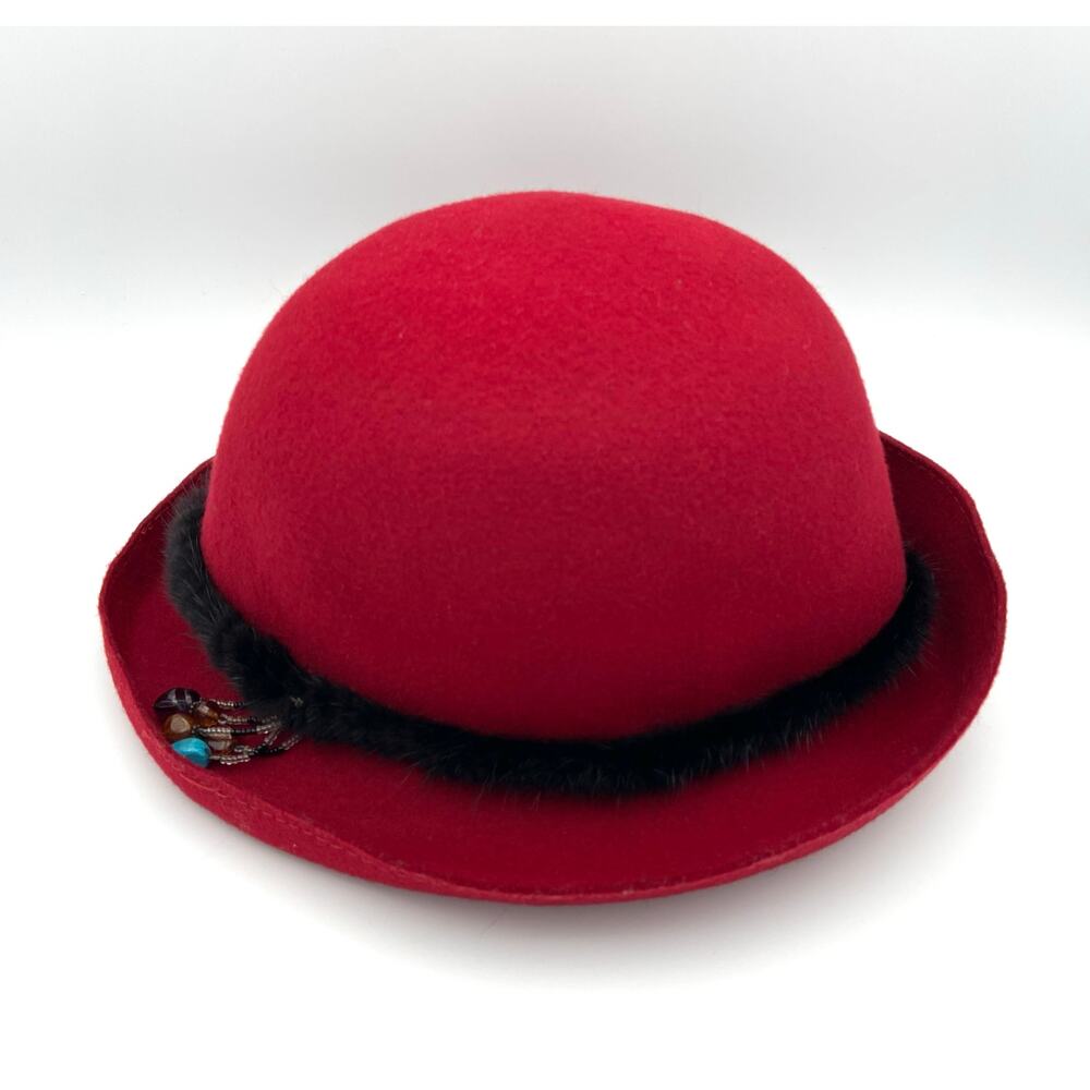 Vintage Liz Claiborne Red Wool Cloche Hat with Mink Fur Trim and Beaded Accent - Picture 6 of 14